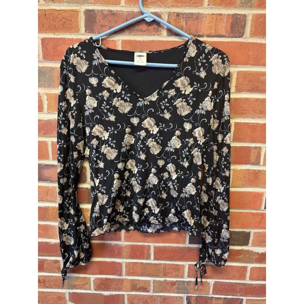 Y2K Old Navy Black Floral Sheer Long Sleeve Blouse M